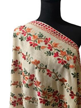 Embroidered Floral Shawl in Cream with Red, Orange & Green